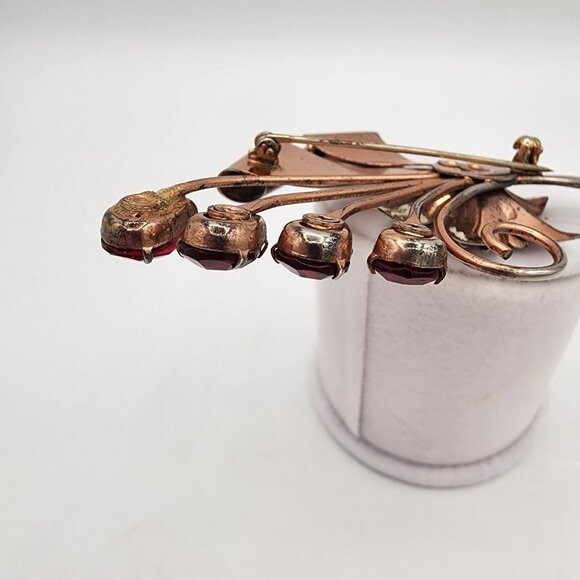 Vintage Sterling Silver with Rose Gold Vermeil Plum Rhinestone Floral Brooch 40s - Picture 4 of 12